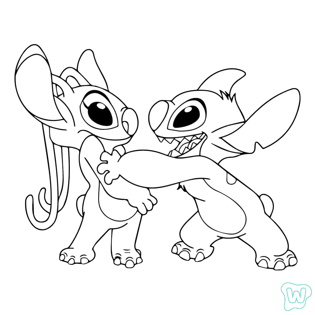 divertidas páginas para colorear Stitch and Angel