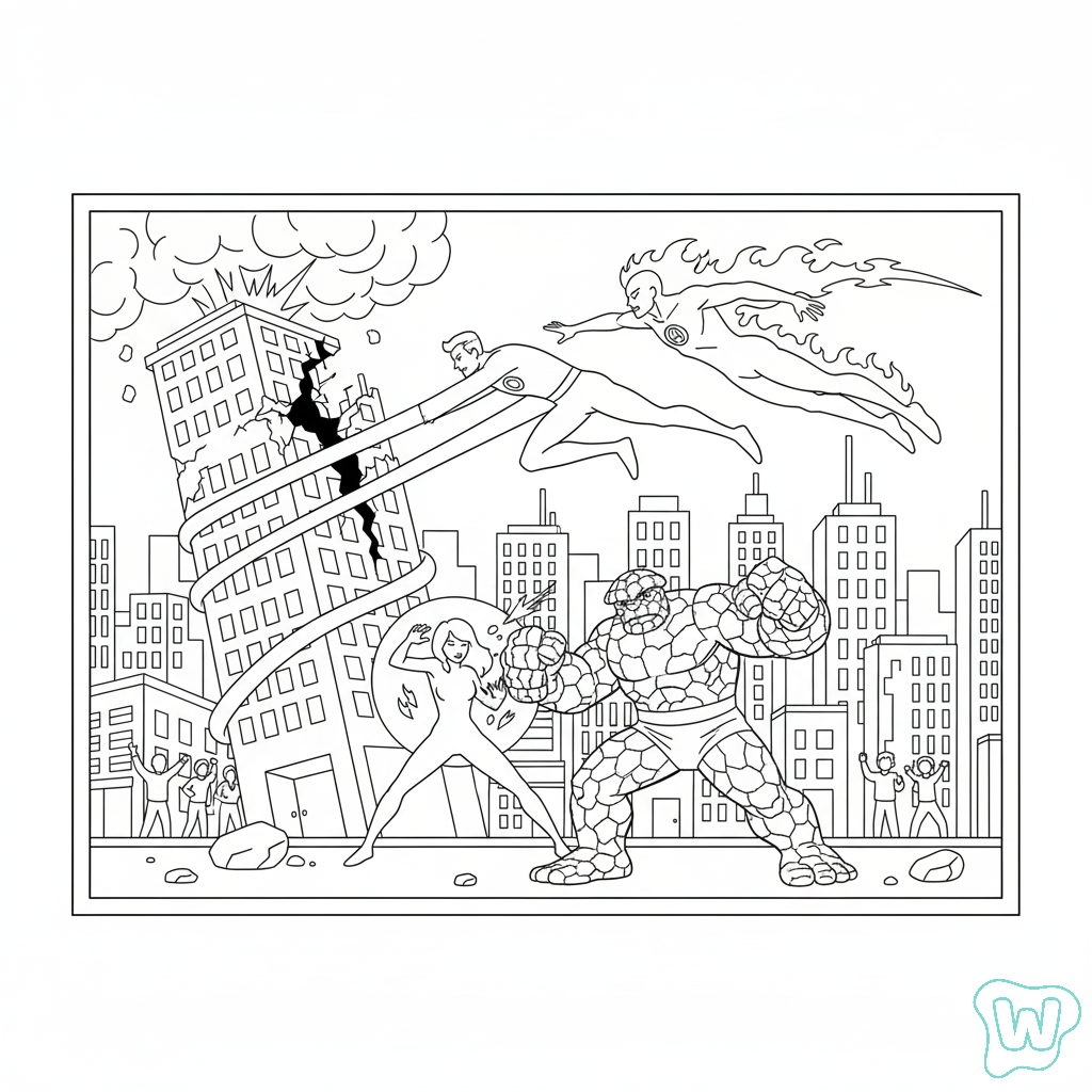 páginas para colorear imprimibles Fantastic Four para adultos