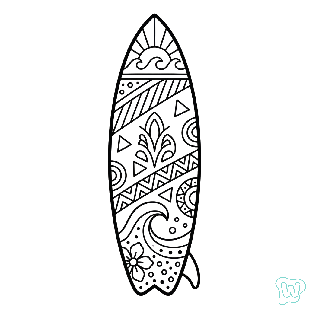 Disegni da colorare per adulti: tavola da surf