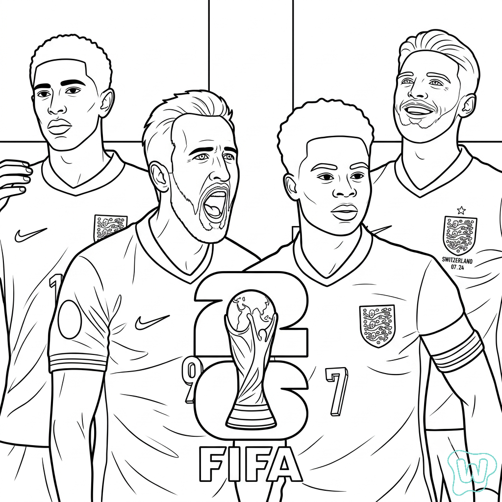 Selección de Inglaterra Mundial 2026 páginas para colorear para adultos fáciles 1
