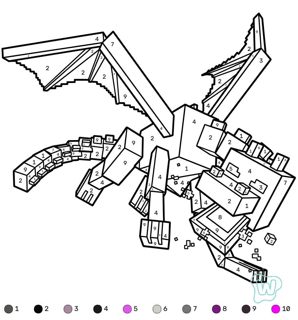 Ender Dragon Minecraft coloring by numbers colorear y Imprimir PDF gratis