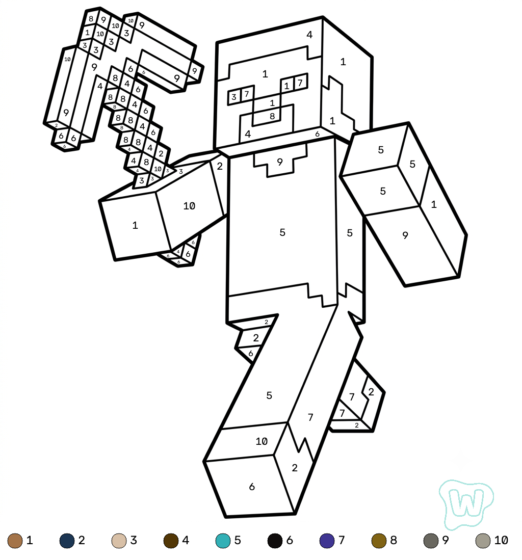 Steve Minecraft coloring by numbers para colorear y Imprimir PDF