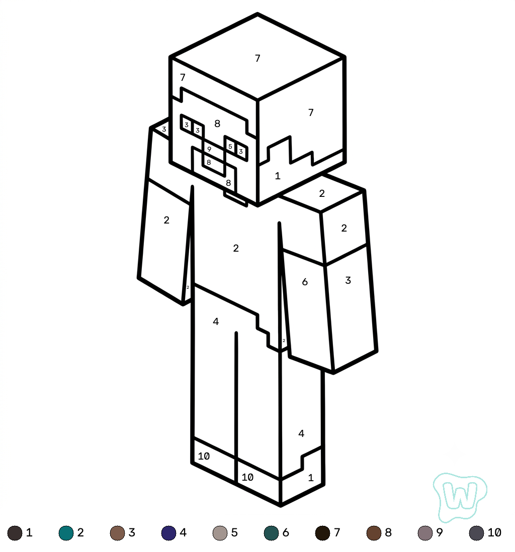 páginas para colorear imprimibles Steve Minecraft coloring by numbers 1