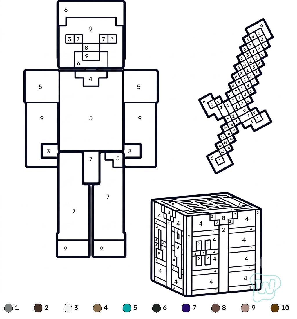 páginas para colorear imprimibles Steve Minecraft coloring by numbers