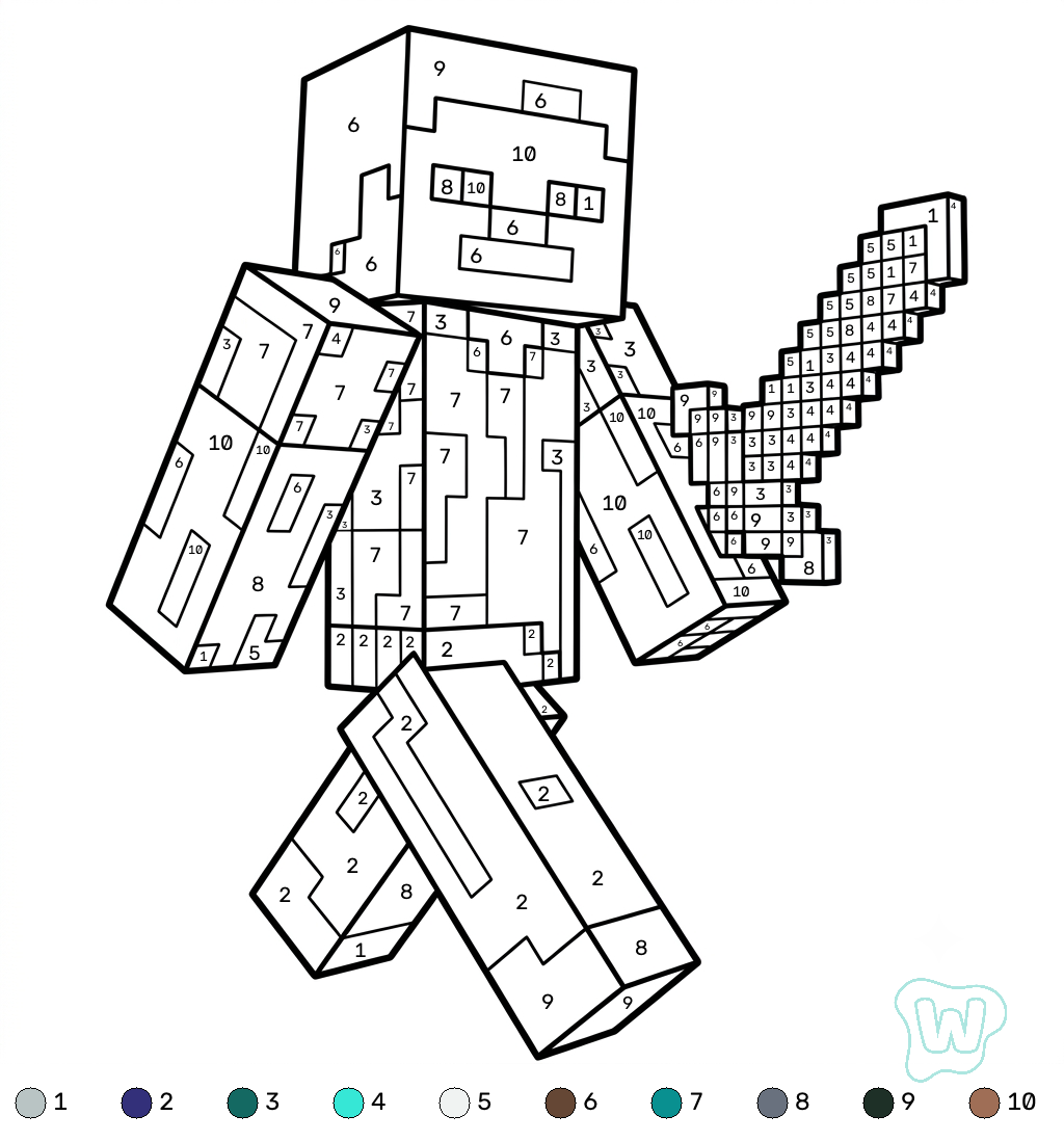Steve Minecraft coloring by numbers dibujos para colorear  y Imprimir PDF gratis