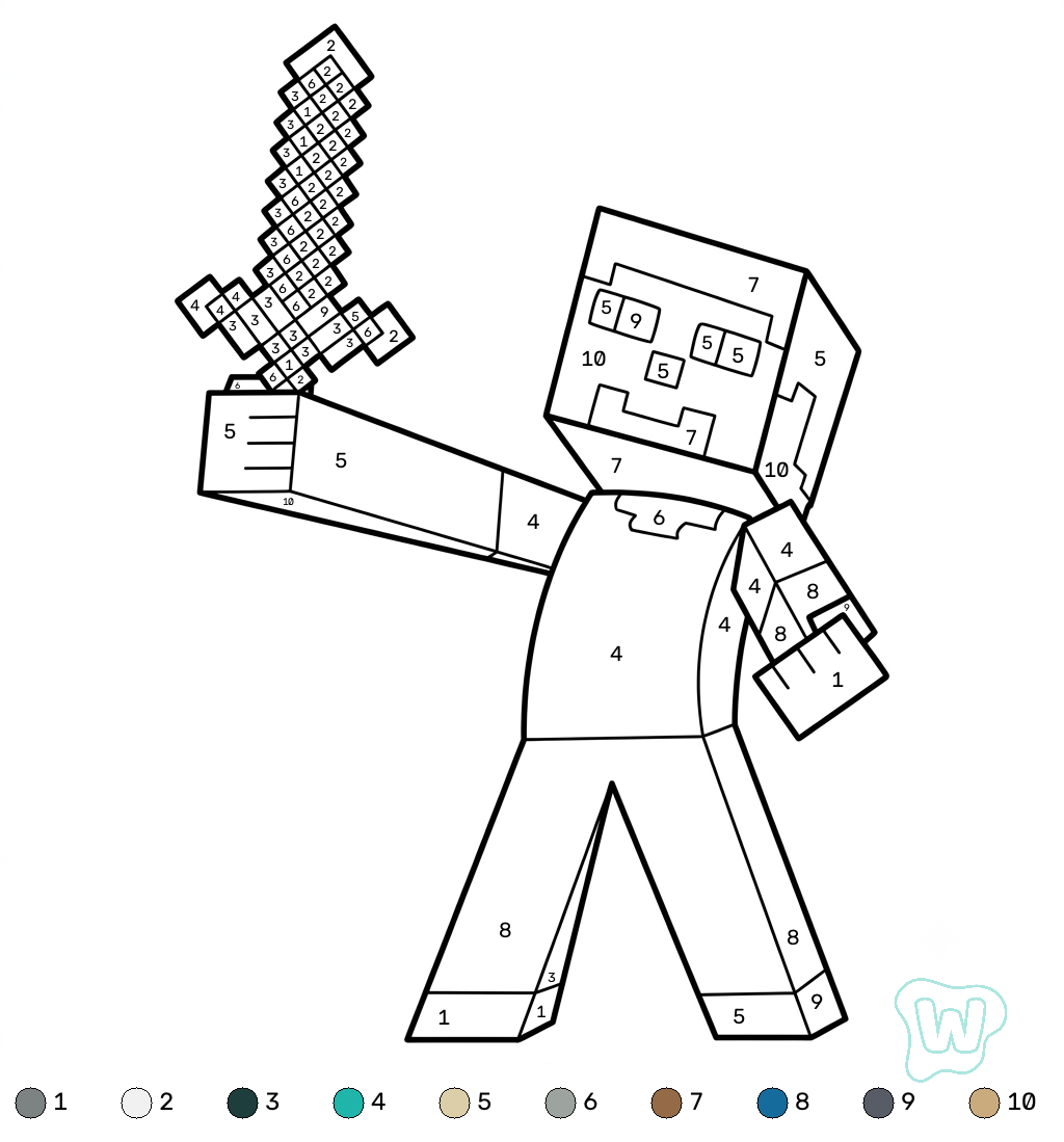 Steve Minecraft coloring by numbers páginas para colorear fáciles