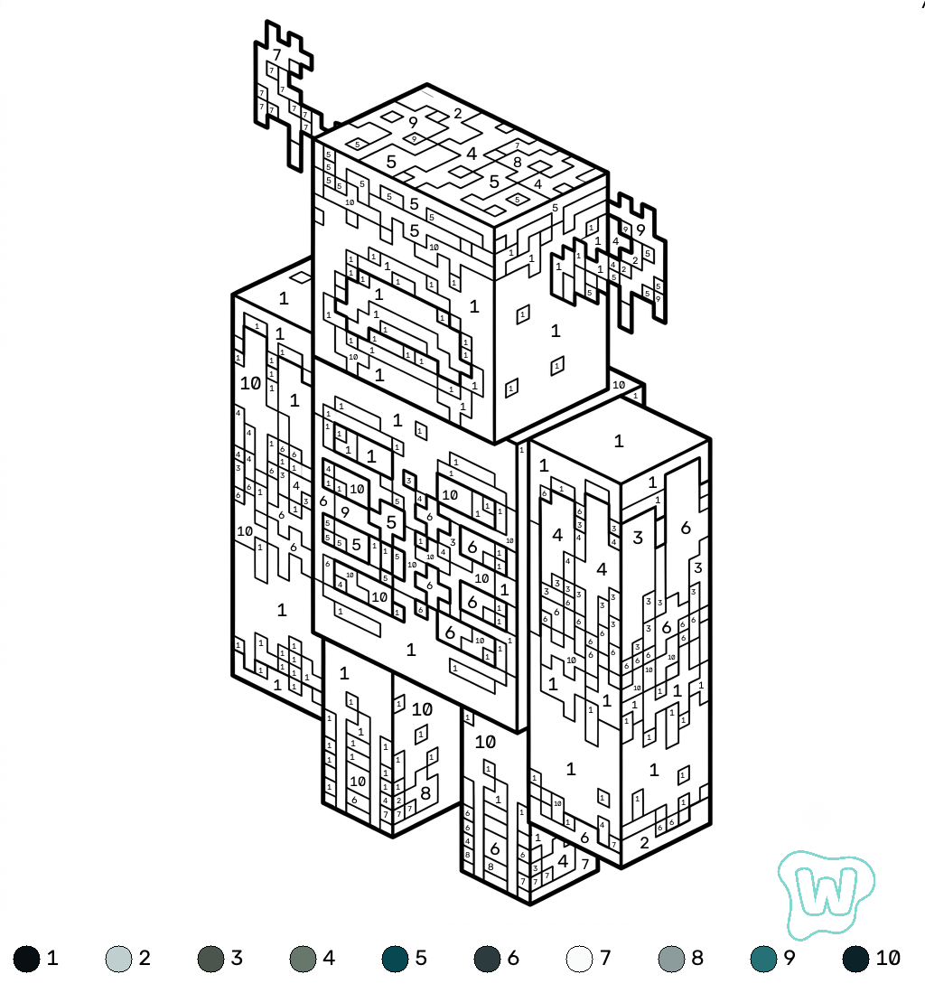 niños Warden Minecraft coloring by numbers páginas para colorear