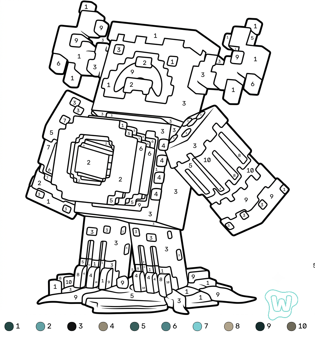 Warden Minecraft coloring by numbers páginas para colorear para adultos fáciles