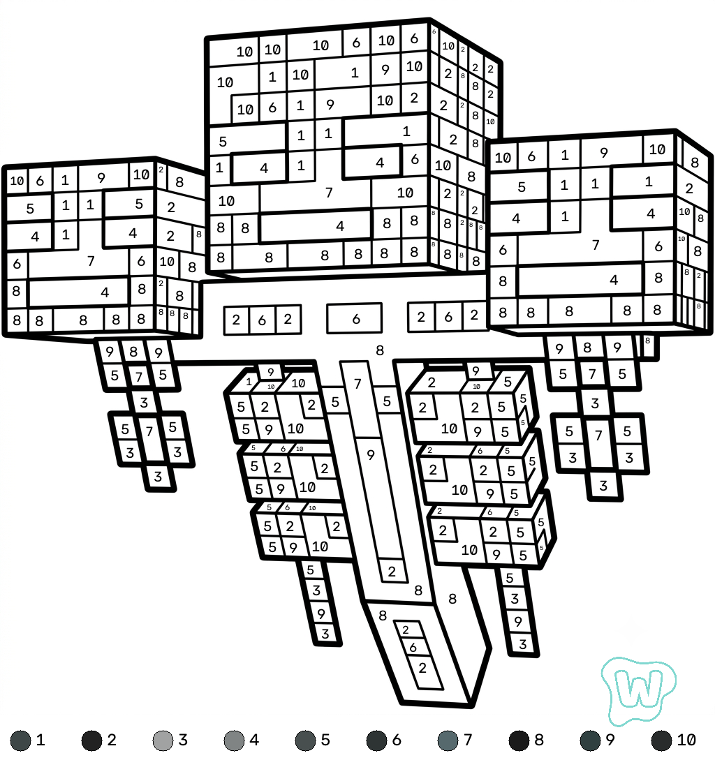Wither Minecraft coloring by numbers páginas para colorear fáciles 1