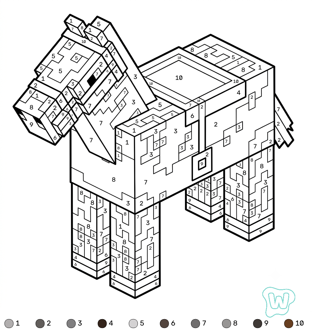 Horse Minecraft coloring by numbers para colorear y Imprimir PDF gratis