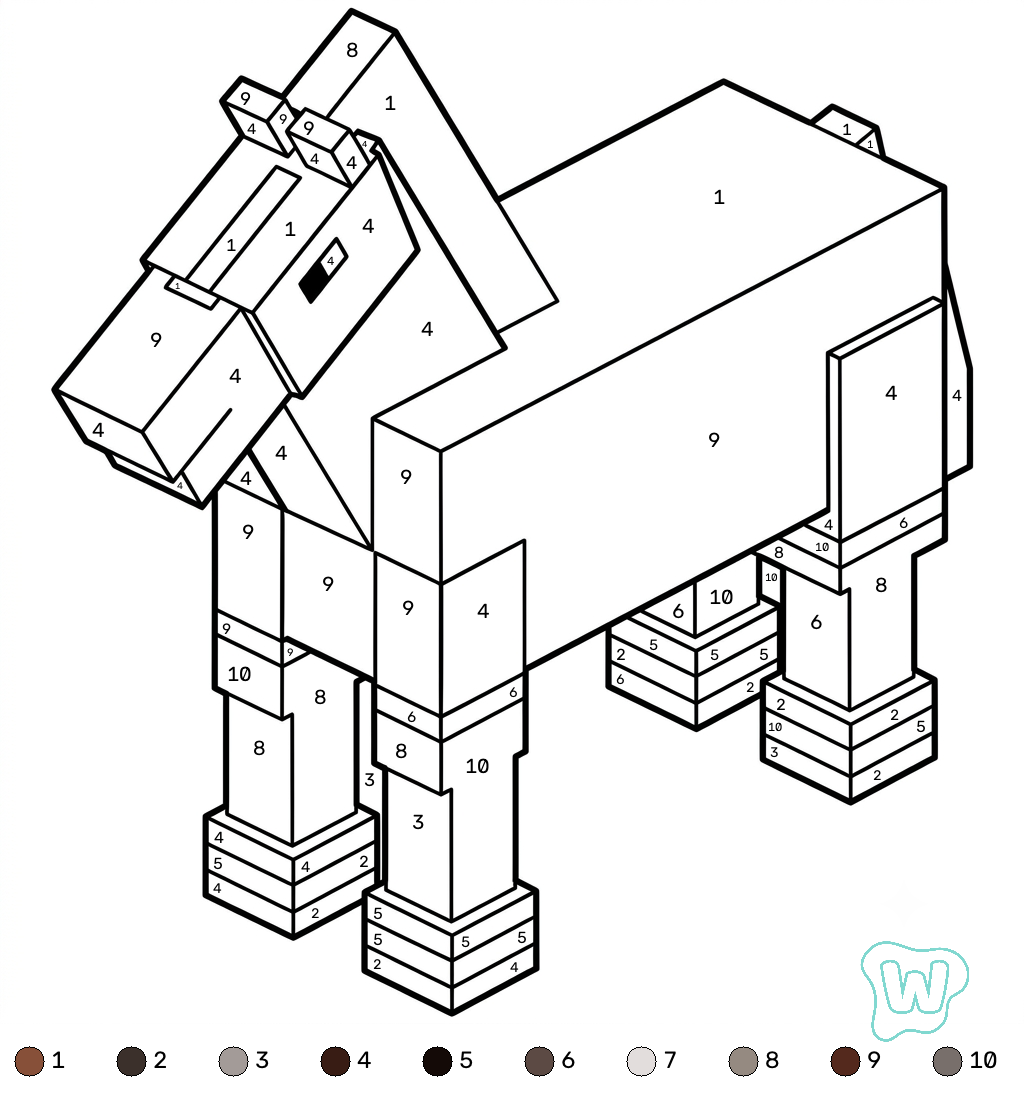 Horse Minecraft coloring by numbers páginas para colorear de adornos