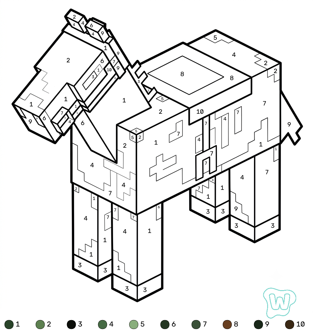 niños Horse Minecraft coloring by numbers páginas para colorear
