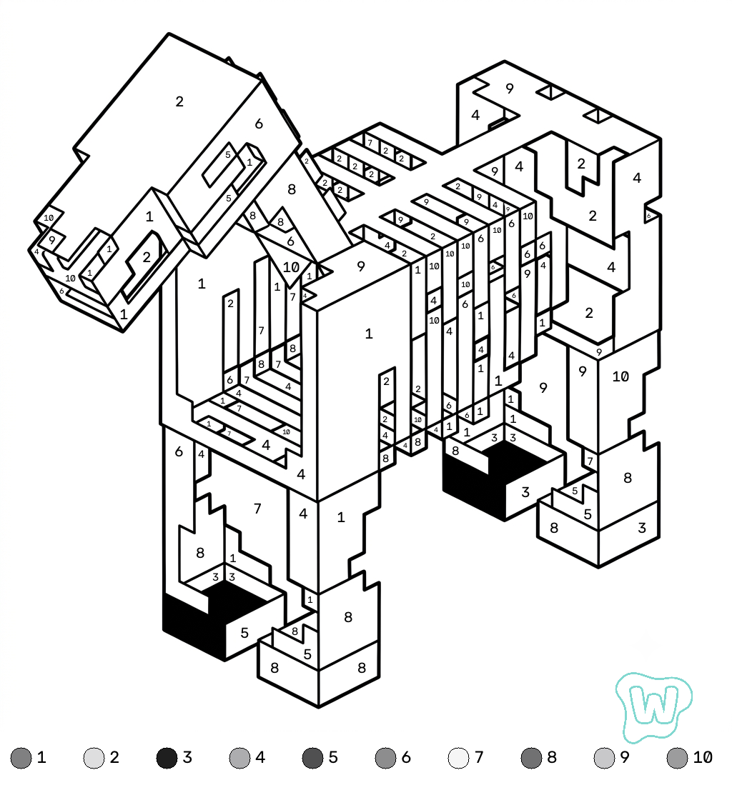 páginas para colorear imprimibles Horse Minecraft coloring by numbers