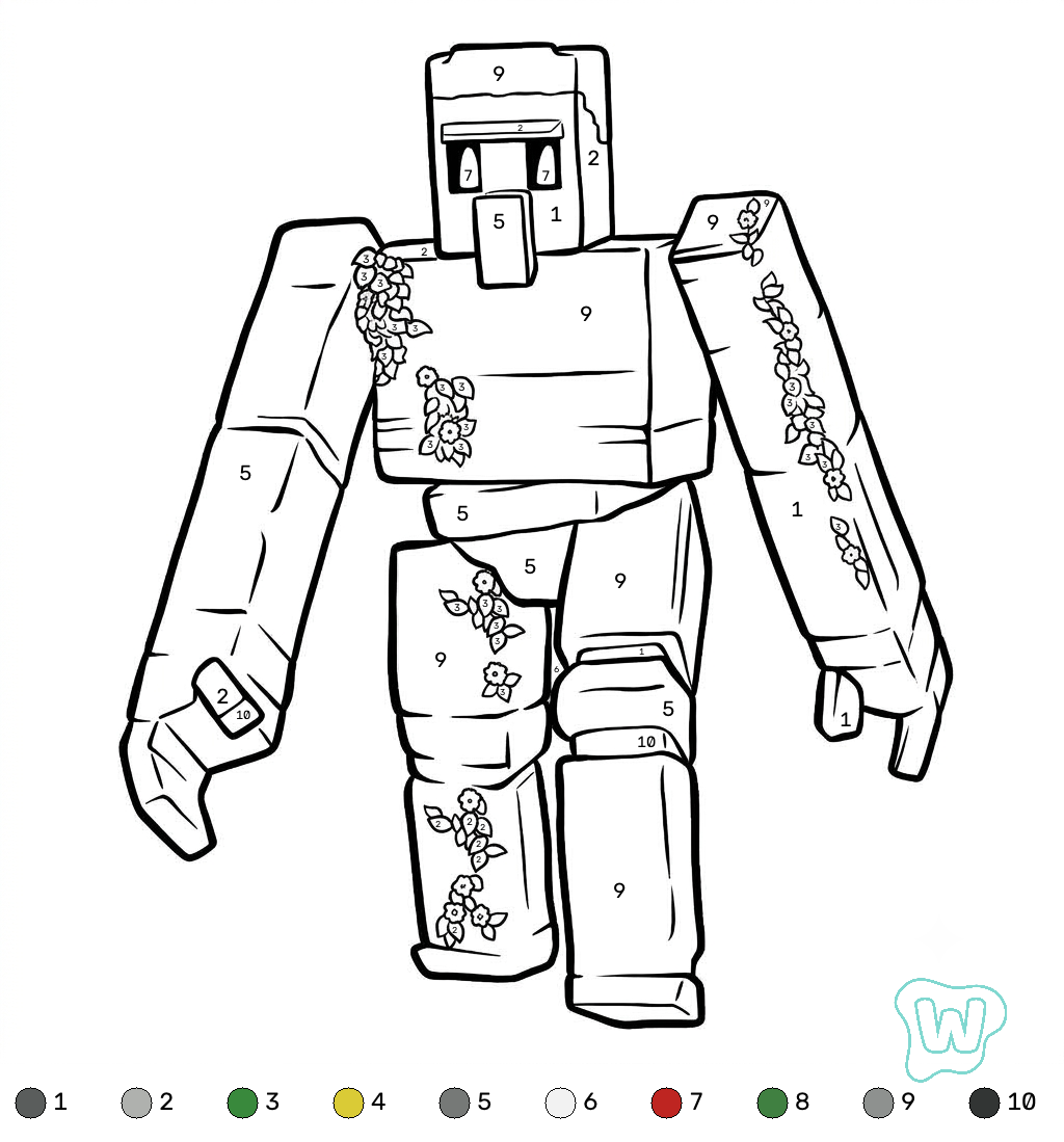 Iron Golem Minecraft coloring by numbers páginas para colorear para niños