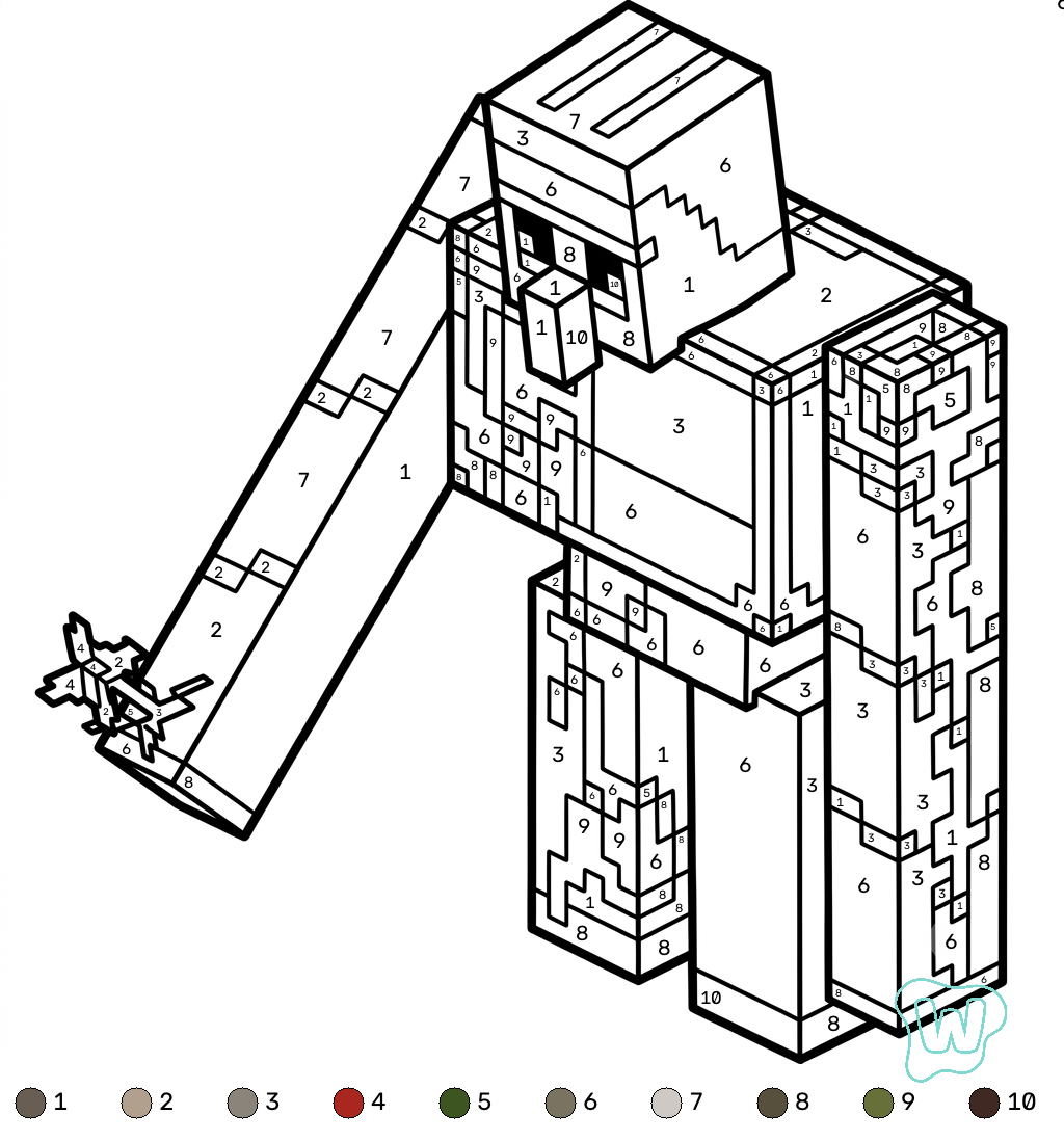 Iron Golem Minecraft coloring by numbers páginas para colorear pdf