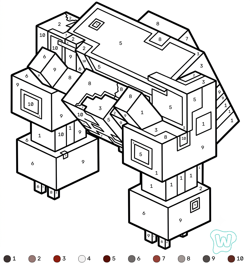 Mooshroom Monstrosity Minecraft coloring by numbers páginas para colorear para niños