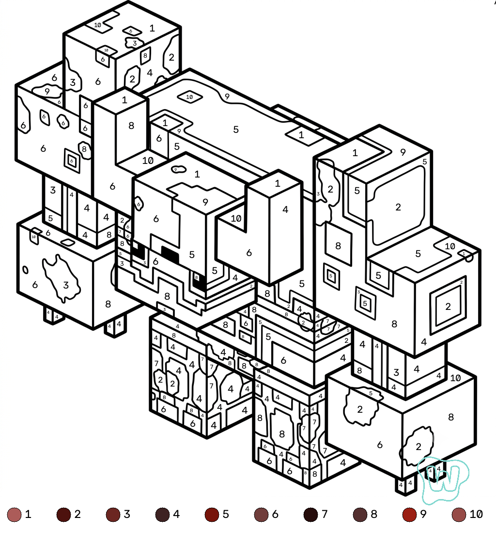 páginas para colorear imprimibles Mooshroom Monstrosity Minecraft coloring by numbers para adultos