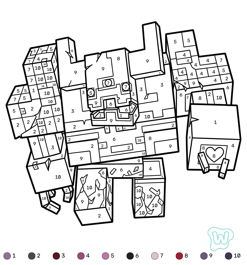 colorear y Imprimir PDF Mooshroom Monstrosity Minecraft coloring by numbers