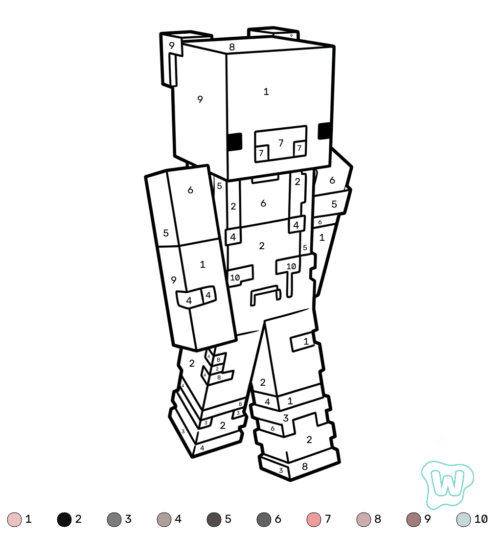 páginas para colorear imprimibles Pig Onesie Minecraft coloring by number