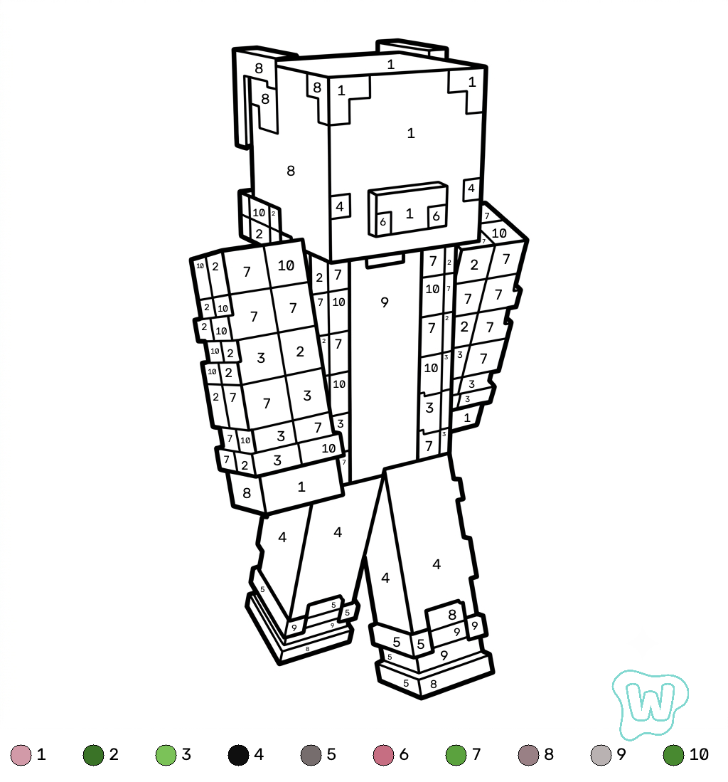 páginas para colorear Pig Onesie Minecraft coloring by number imprimibles