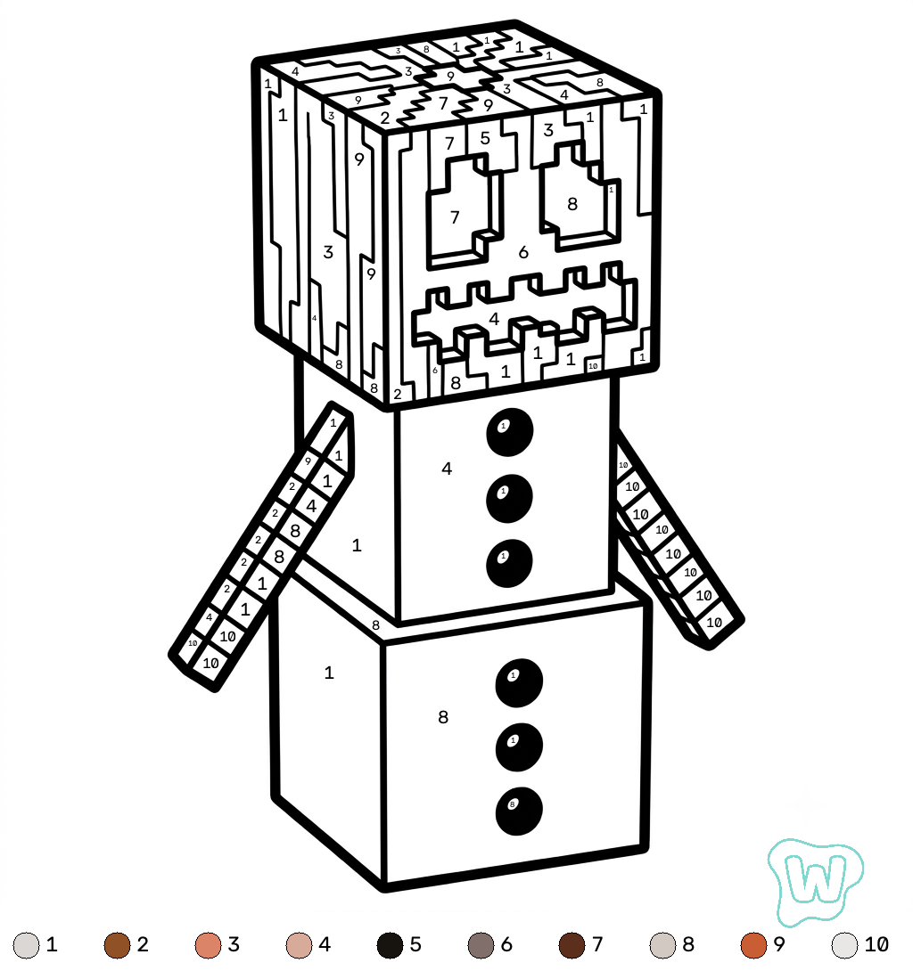 páginas para colorear imprimibles Snow Golem Minecraft coloring by numbers