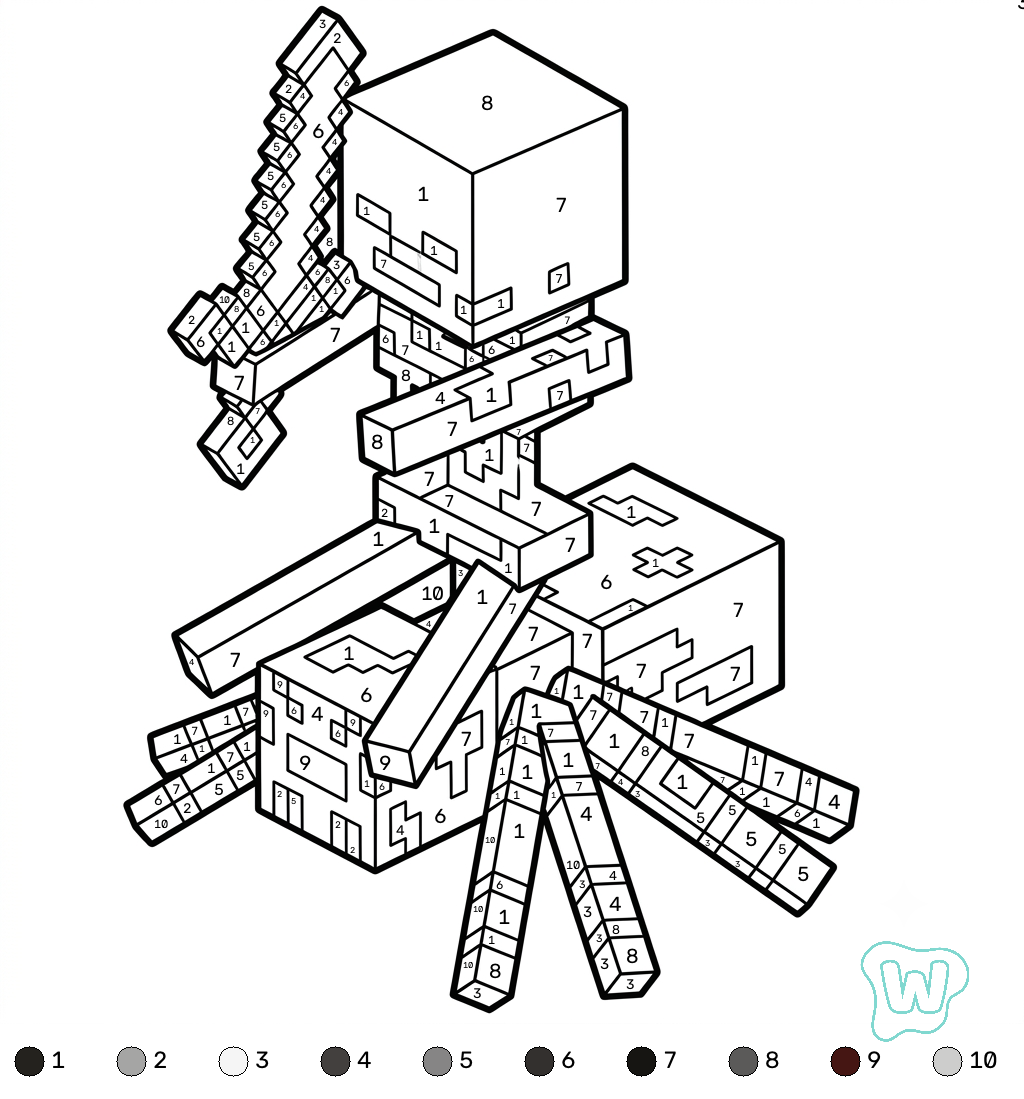lindas páginas para colorear Spider Jockey Minecraft coloring by numbers