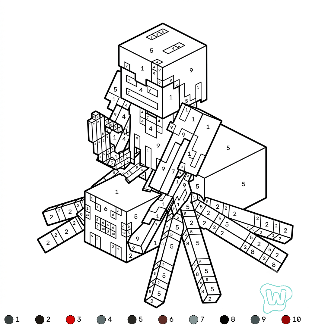 PDF gratis Spider Jockey Minecraft coloring by numbers