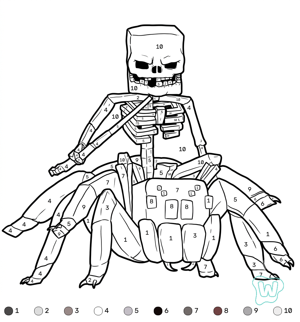 Spider Jockey Minecraft coloring by numbers para colorear y Imprimir PDF