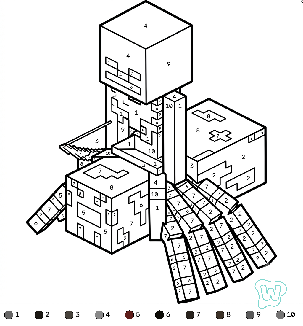 páginas para colorear Spider Jockey Minecraft coloring by numbers