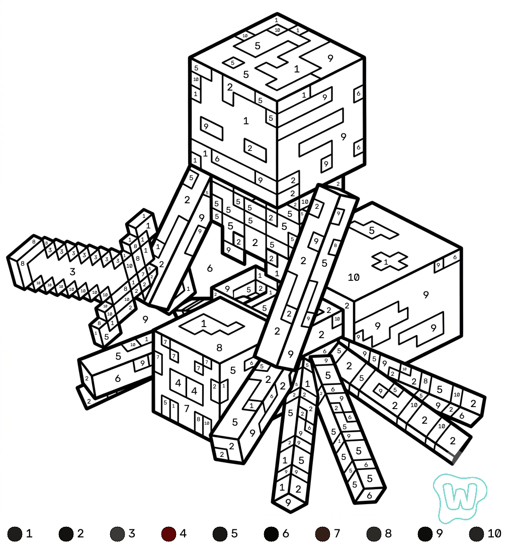 páginas para colorear detalladas de Spider Jockey Minecraft coloring by numbers para adultos