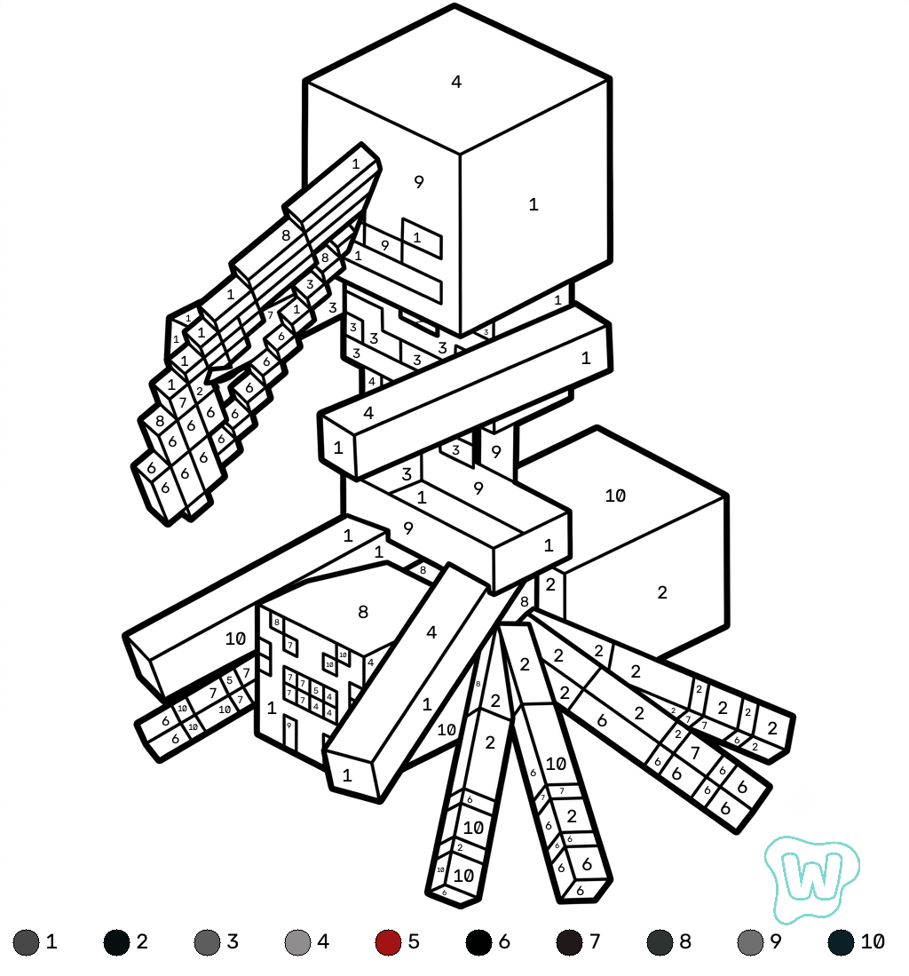Spider Jockey Minecraft coloring by numbers páginas para colorear fáciles