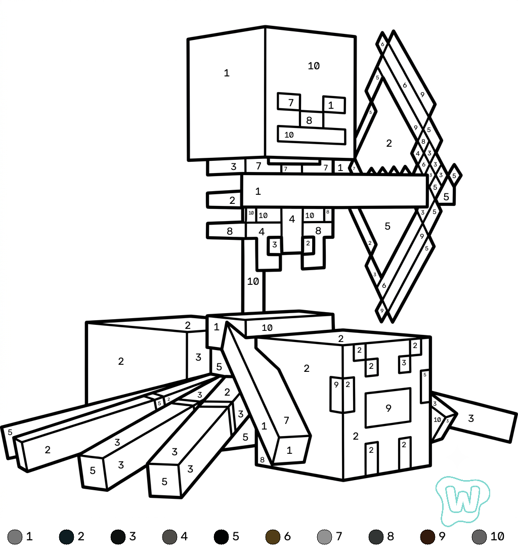 colorear y Imprimir PDF gratis Spider Jockey Minecraft coloring by numbers