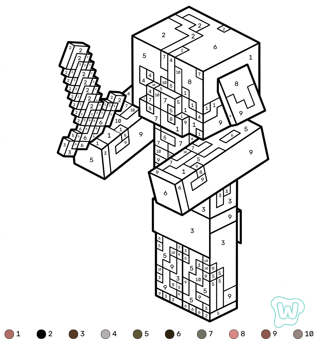 Zombified Piglin Minecraft coloring by numbers dibujos para colorear