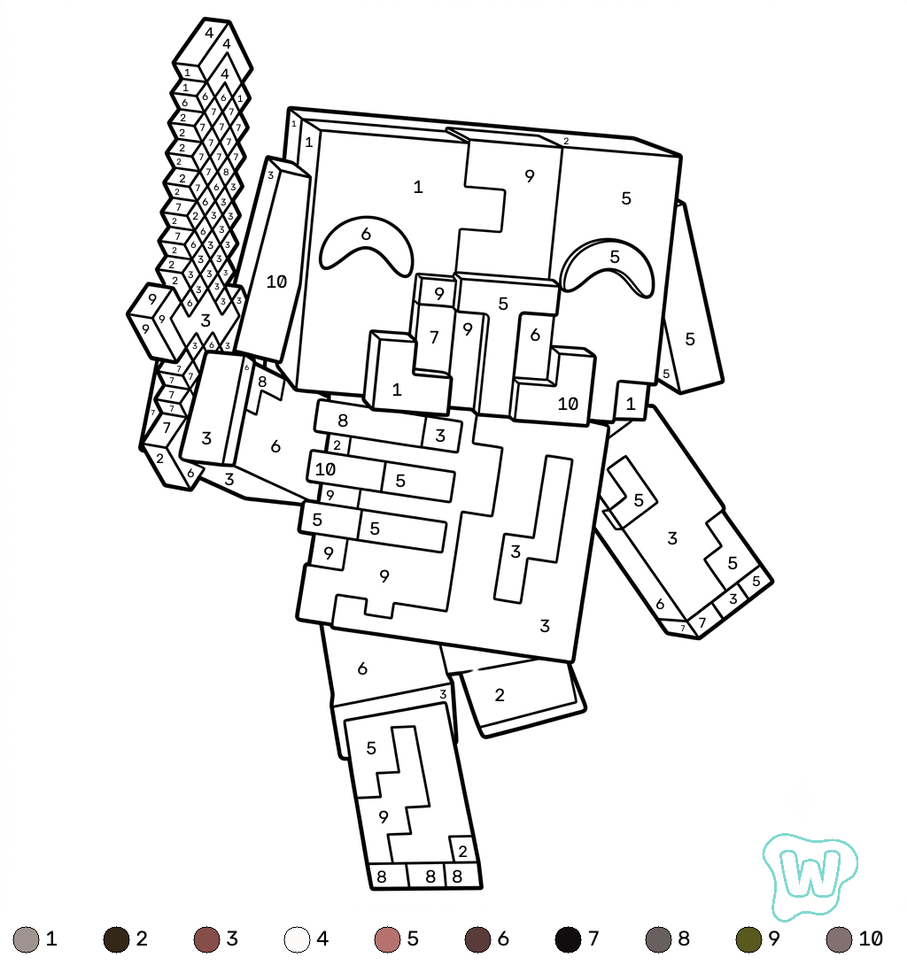Zombified Piglin Minecraft coloring by numbers páginas para colorear para adultos pdf 1