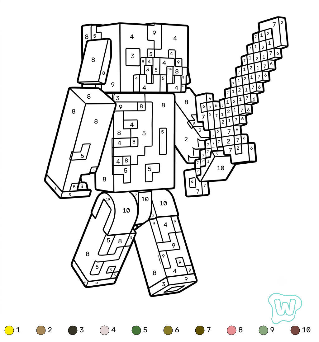 colorear y Imprimir PDF gratis Zombified Piglin Minecraft coloring by numbers