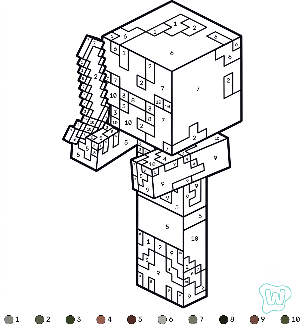 Zombified Piglin Minecraft coloring by numbers páginas para colorear para adultos pdf