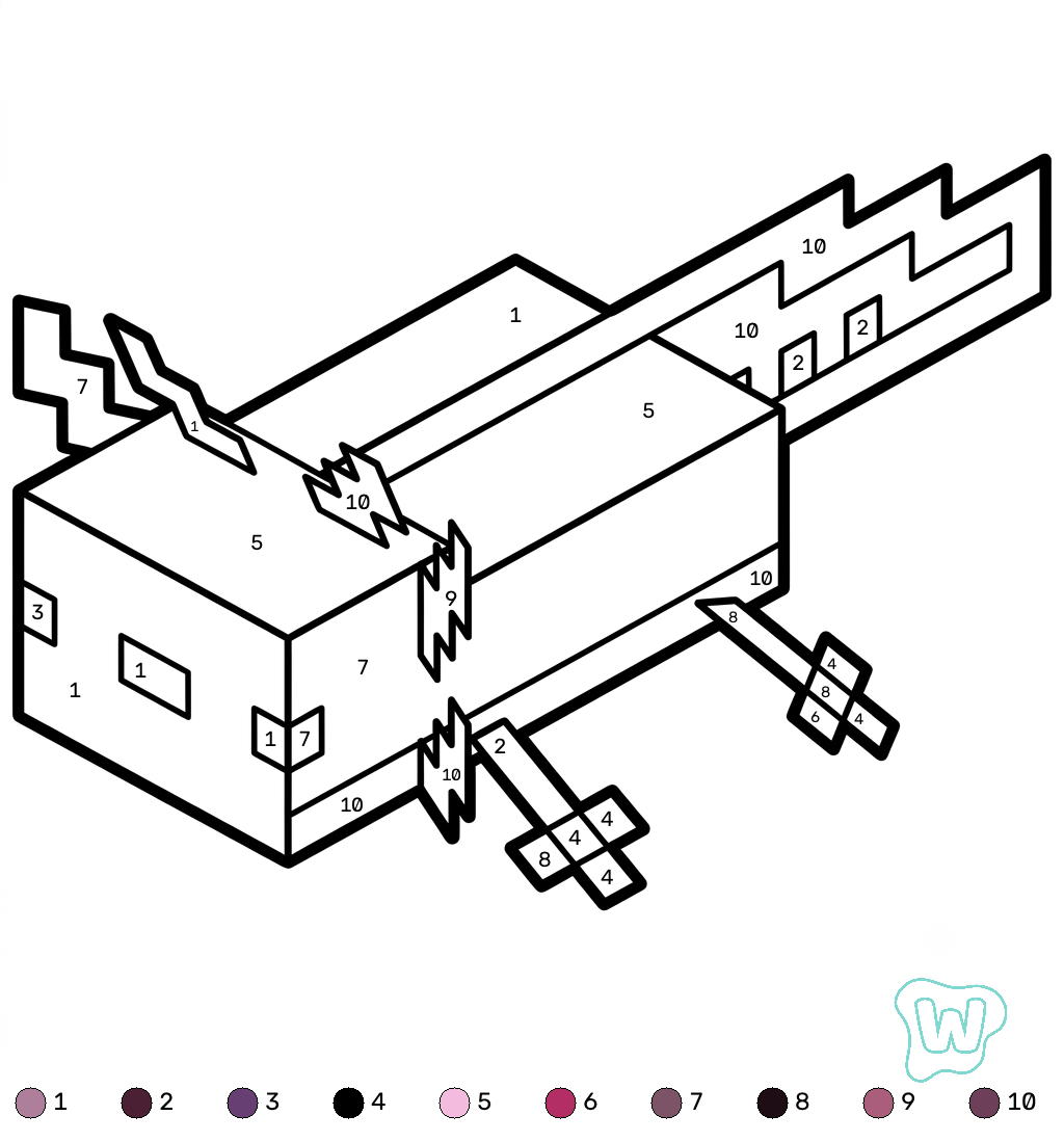 Axolotl Minecraft coloring by numbers páginas para colorear fáciles