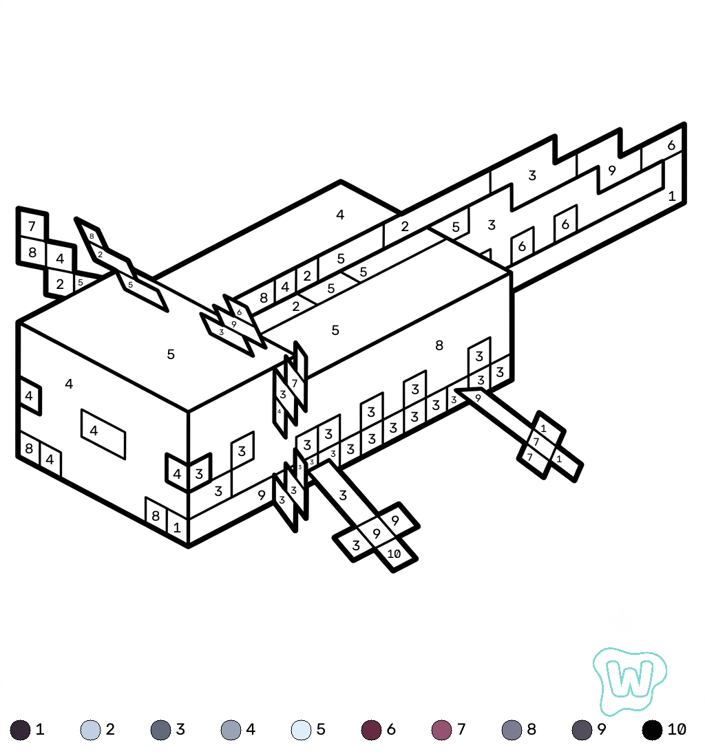 Axolotl Minecraft coloring by numbers para colorear y Imprimir PDF gratis