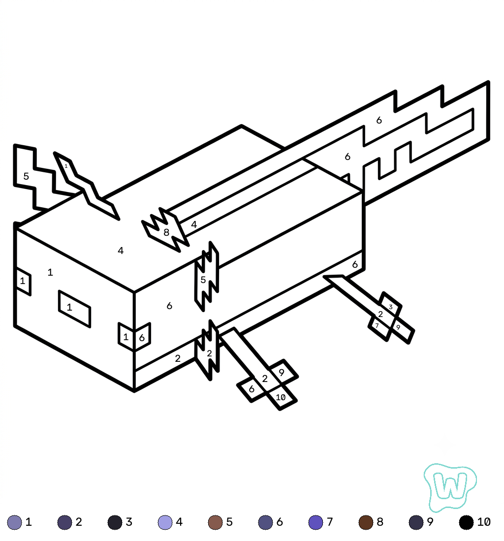 Axolotl Minecraft coloring by numbers páginas para colorear para adultos pdf