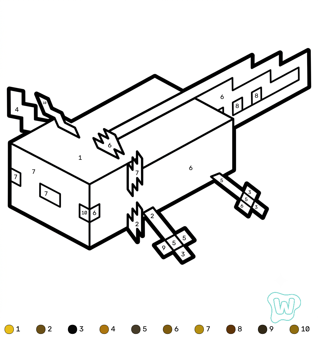 páginas para colorear detalladas de Axolotl Minecraft coloring by numbers