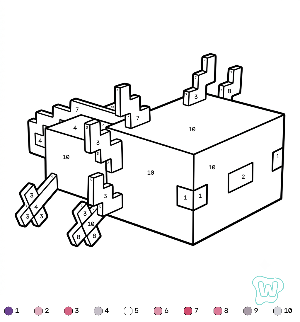 felices páginas para colorear Axolotl Minecraft coloring by numbers