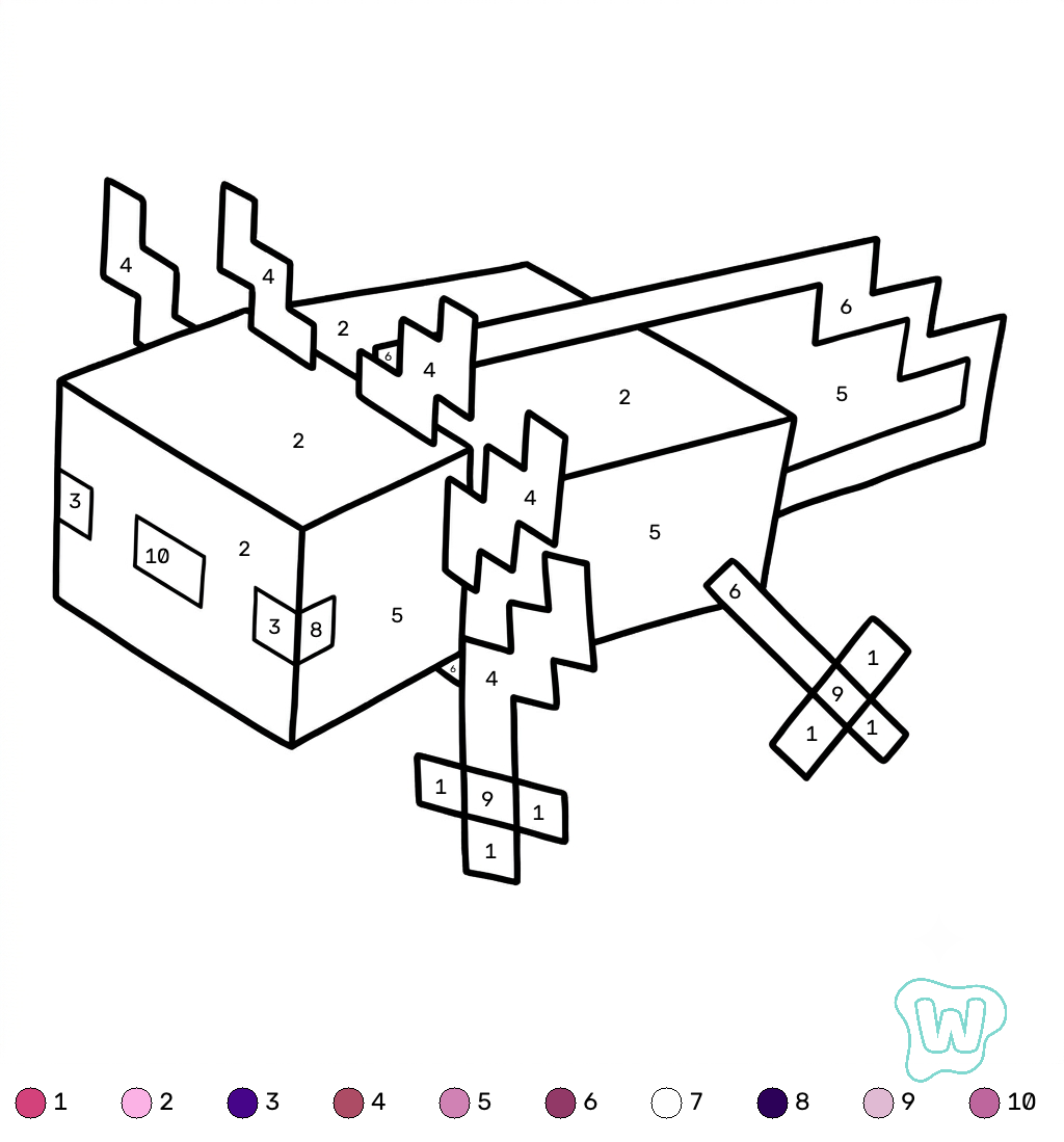 páginas para colorear Axolotl Minecraft coloring by numbers imprimibles