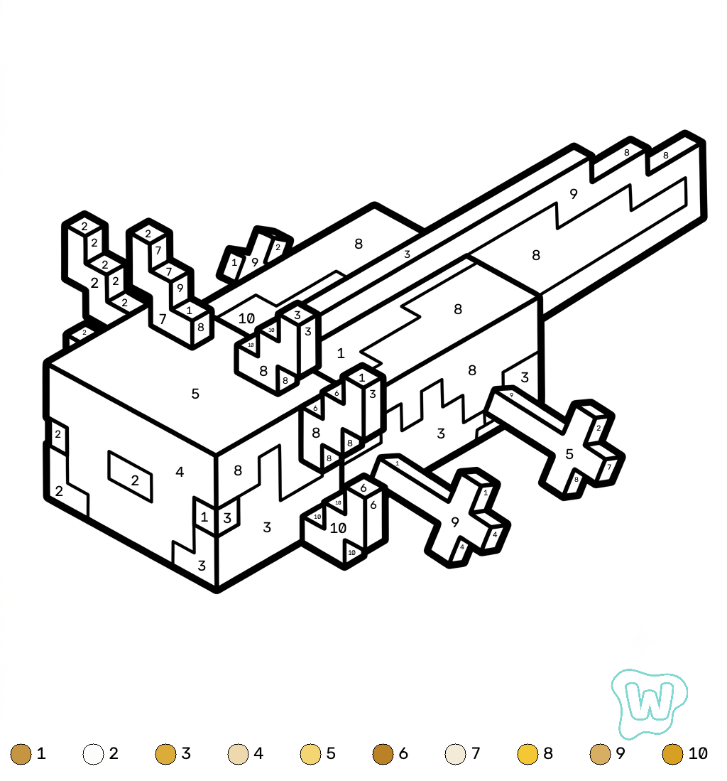 Axolotl Minecraft coloring by numbers PDF para imprimir gratis