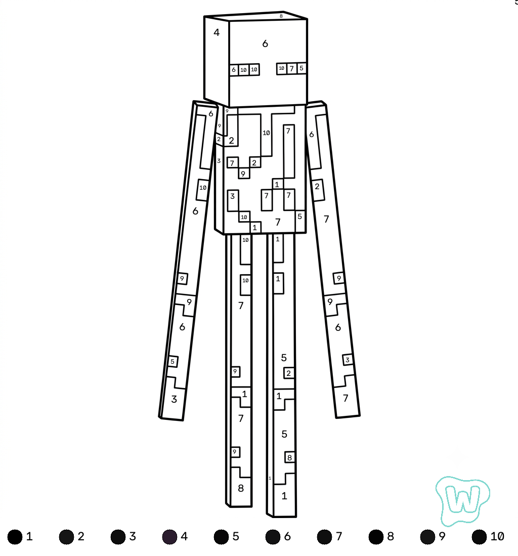 Enderman Minecraft coloring by numbers páginas para colorear para niños 1
