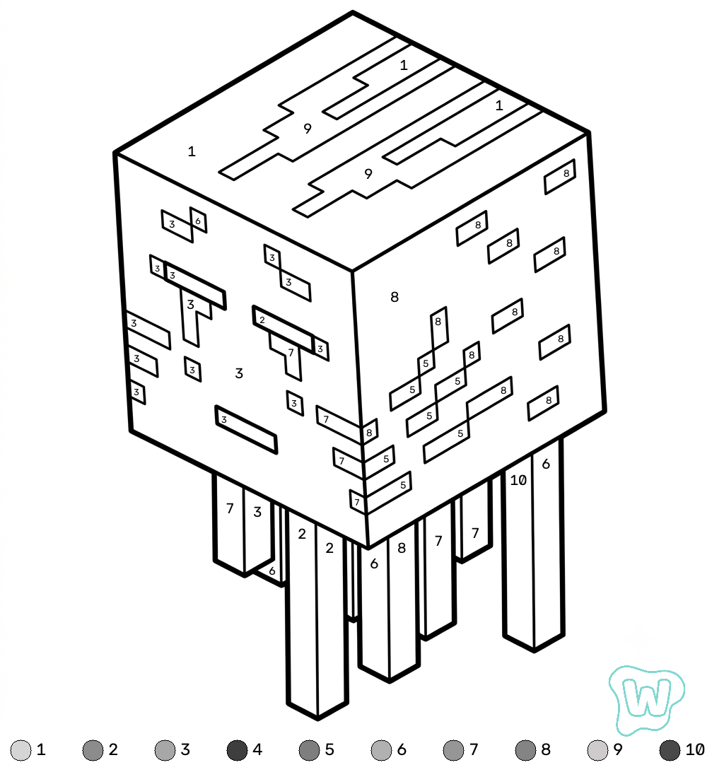 Ghast Minecraft coloring by numbers páginas para colorear para niños