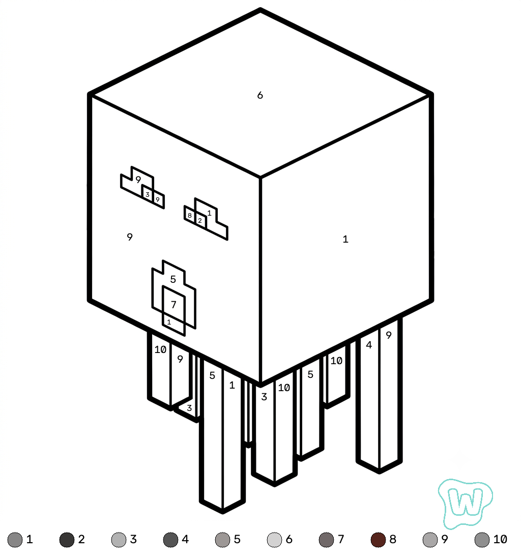 Ghast Minecraft coloring by numbers páginas para colorear pdf