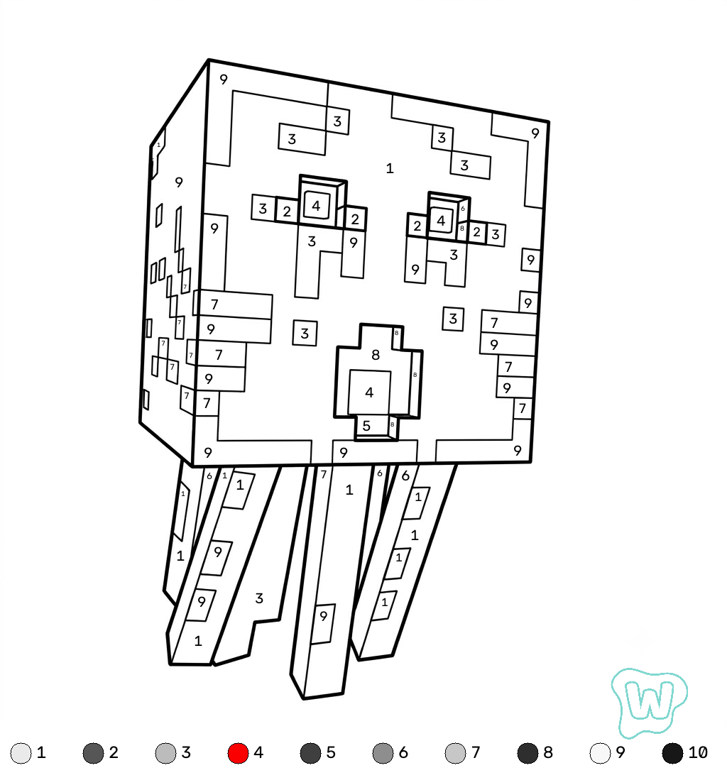 Ghast Minecraft coloring by numbers páginas para colorear imprimibles