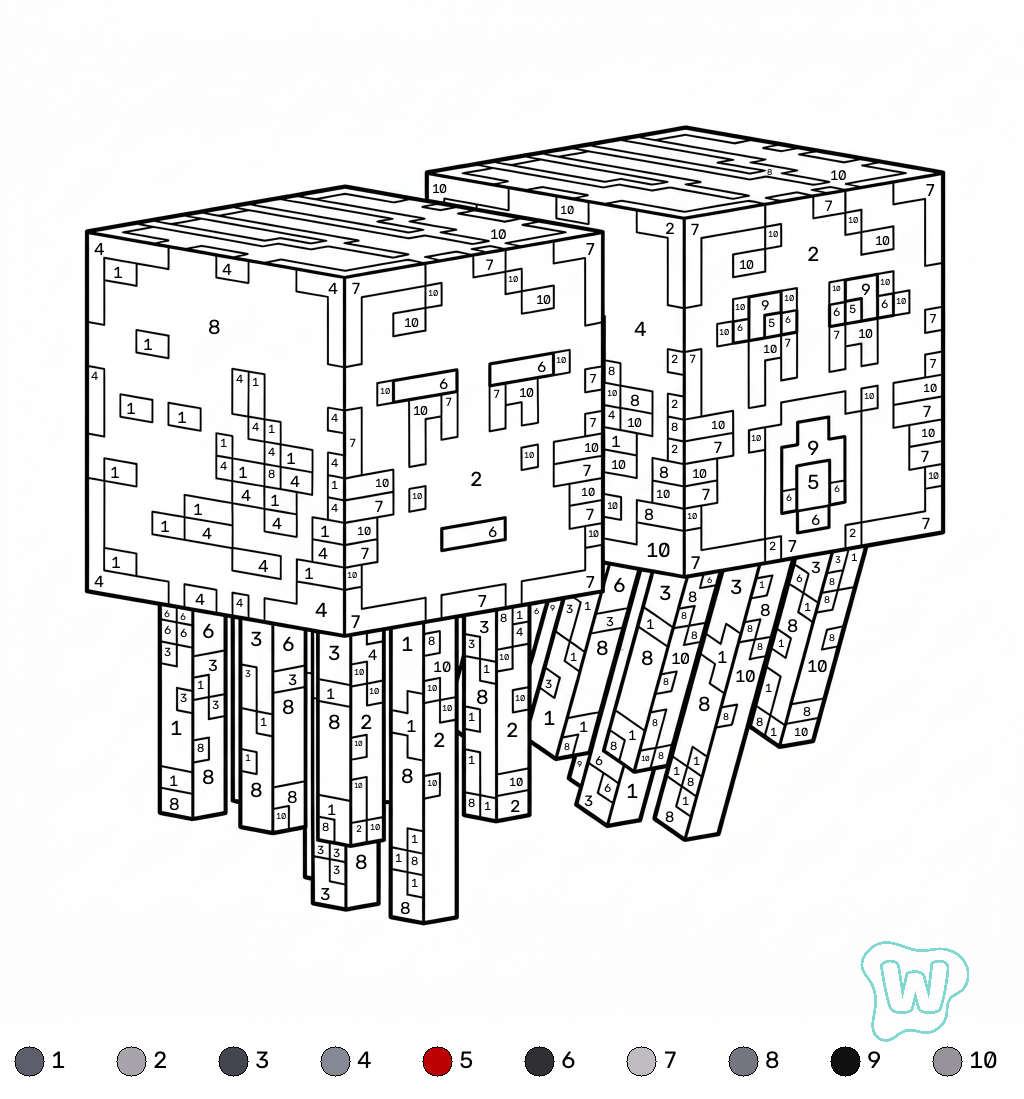 páginas para colorear Ghast Minecraft coloring by numbers imprimibles