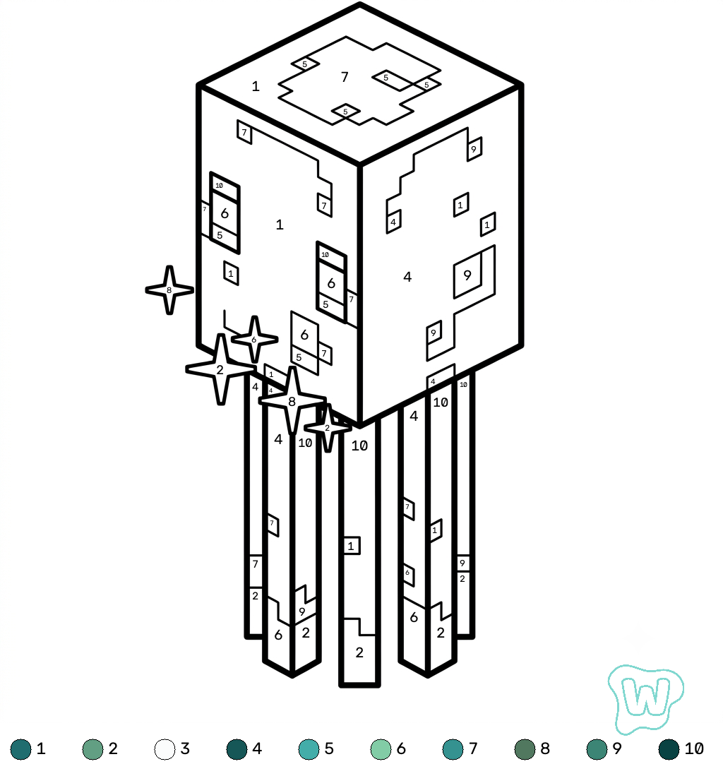 Glow Squid Minecraft coloring by numbers para colorear y Imprimir PDF