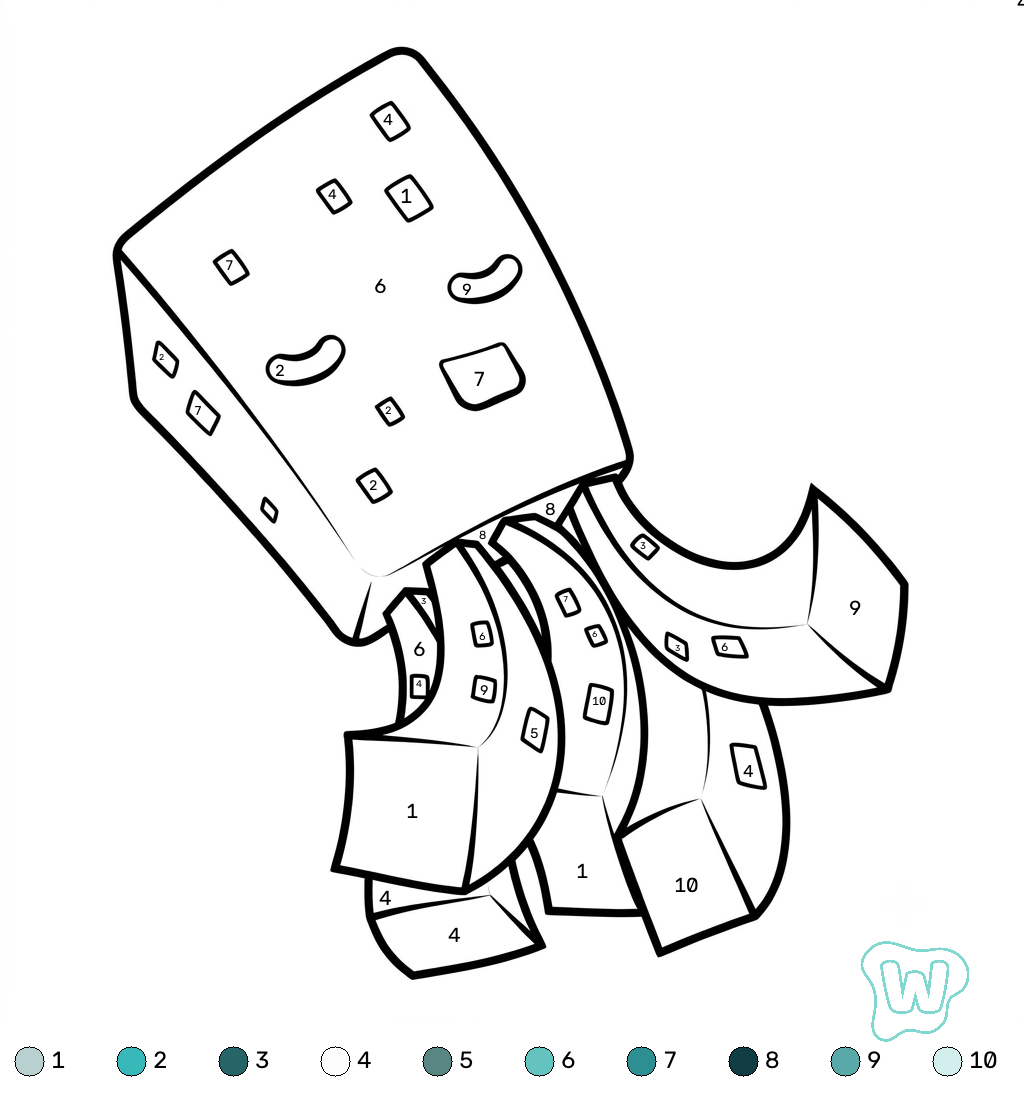 páginas para colorear gratis Glow Squid Minecraft coloring by numbers pdf